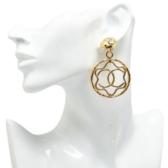 CHANEL CC Logos Round Drop Dangle Clip-On Earrings Gold Tone #26792 - Picture 2 of 5
